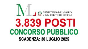 17755 3839 posti concorso pubblico ministero del lavoro e delle politiche sociali luglio 2025 bando completo